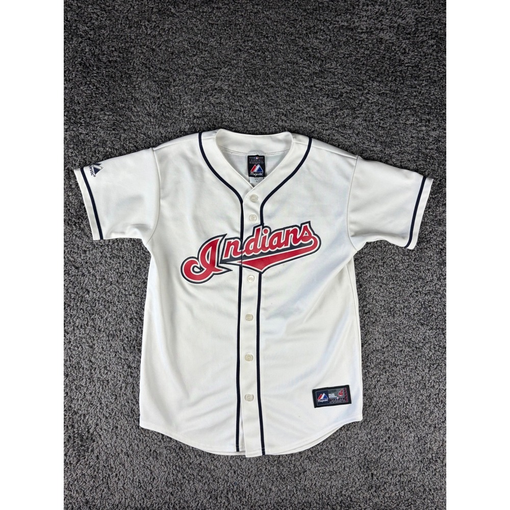 Majestic Cleveland Indians MLB Youth Baseball Jersey White Large Button Up 6701